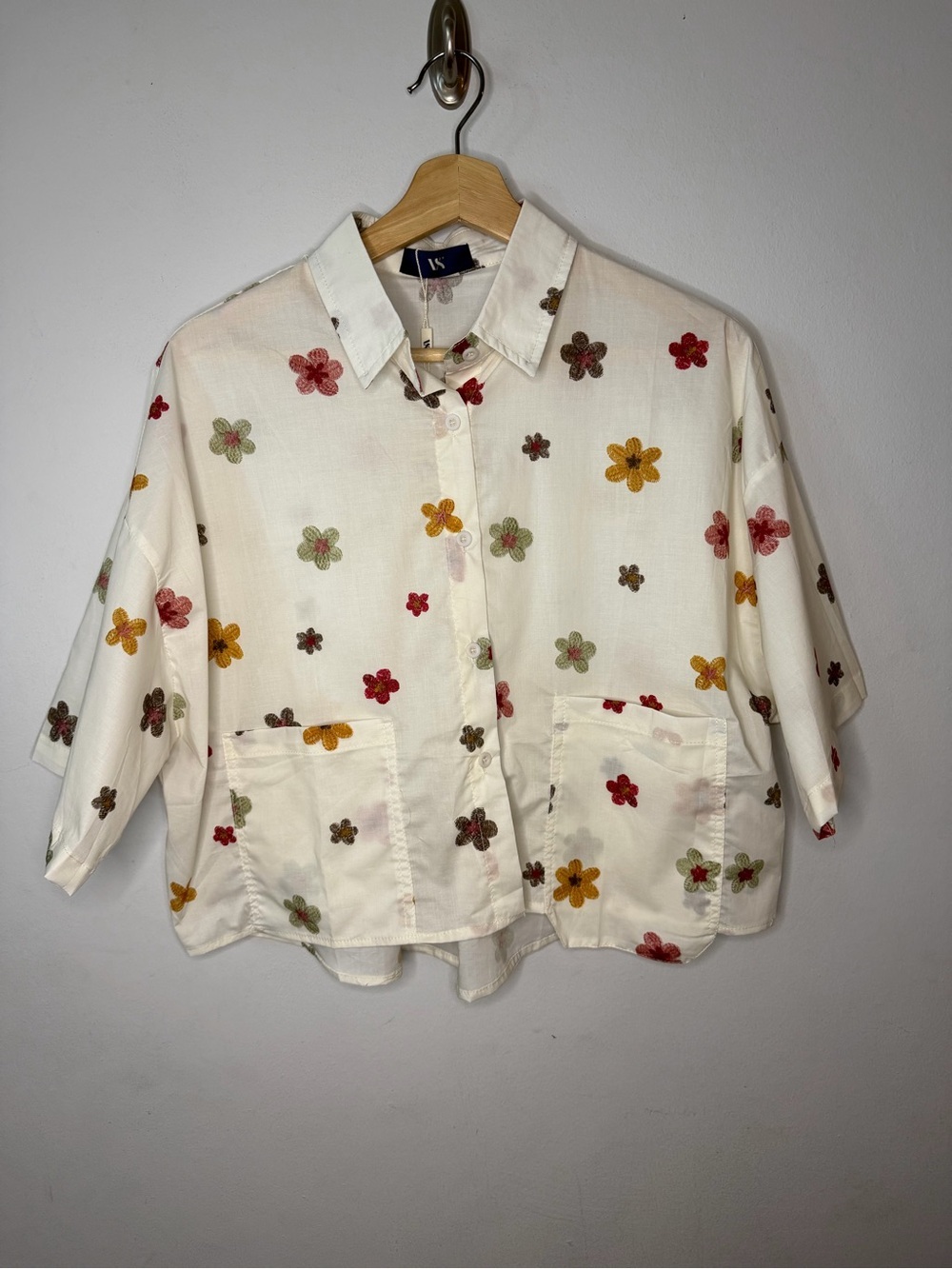 Floral Button-Up Cropped Shirt - Multicolor Flowers on Cream